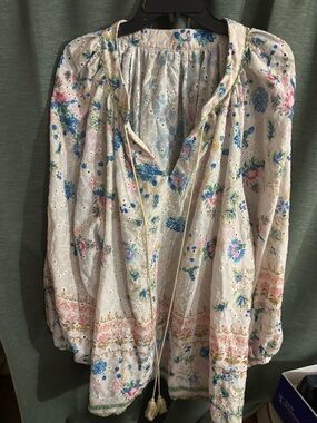 SHEIN Pastel Floral Eyelet Blouse with Green Trim